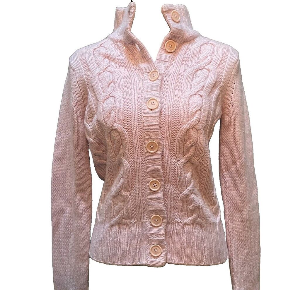 VTG GAP Wool Cashmere Angora Cable Knit Sequin Cardigan Sweater Pink S Preppy